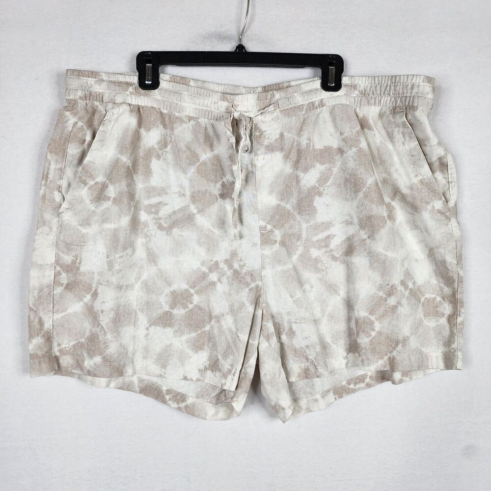 Old Navy Women's Linen Shorts XXL White Tan Tie Dye Elastic Waist Drawstring 5"
